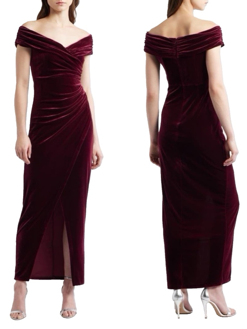 NEW VINCE CAMUTO Off The Shoulder BURGUNDY Velvet RUCHED Holiday SHEATH GOWN 4